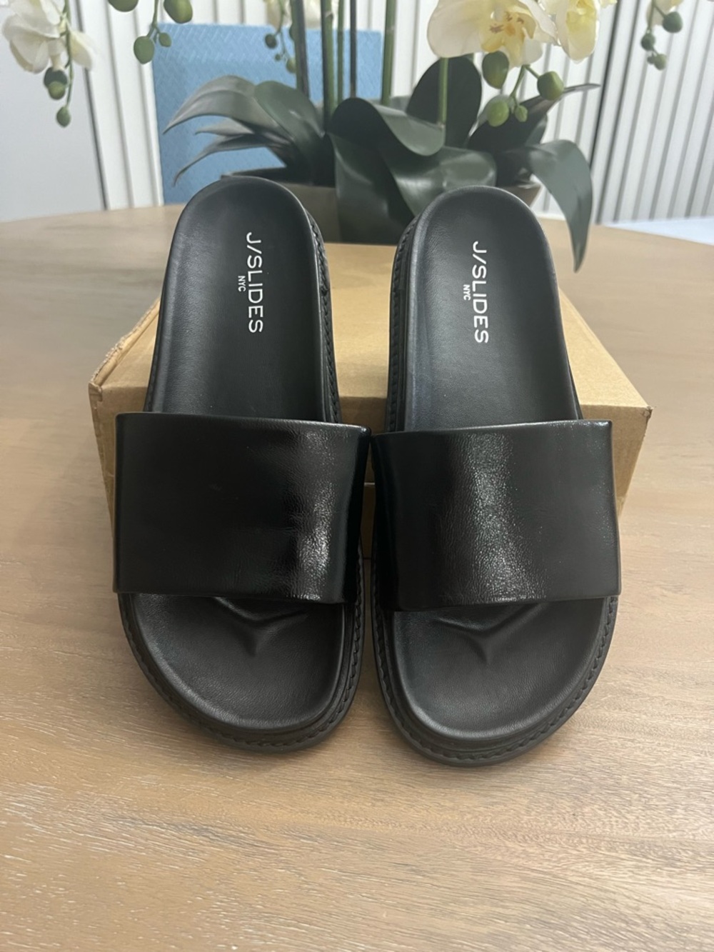 J/SLIDES Black Wide Strap Slide Sandals